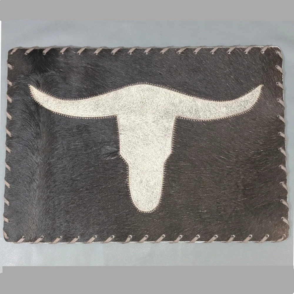 Western Cowhide Placemat Longhorn Inlay Whipstitch Dark Brown 16.5x11.5